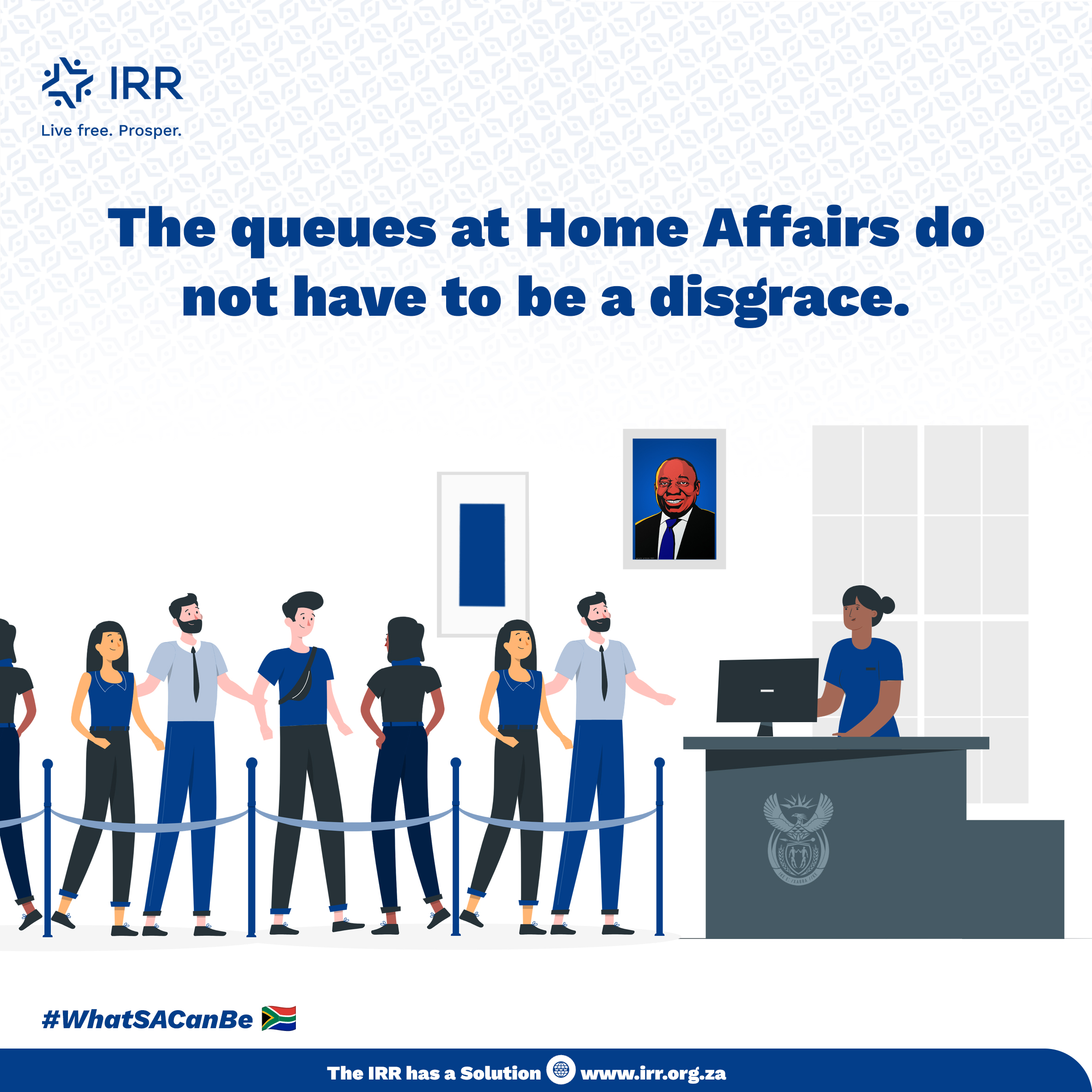 An illustration of people queuing at a Home Affairs desk, 
													under the text “The queues at Home Affairs do not have to be a disgrace"