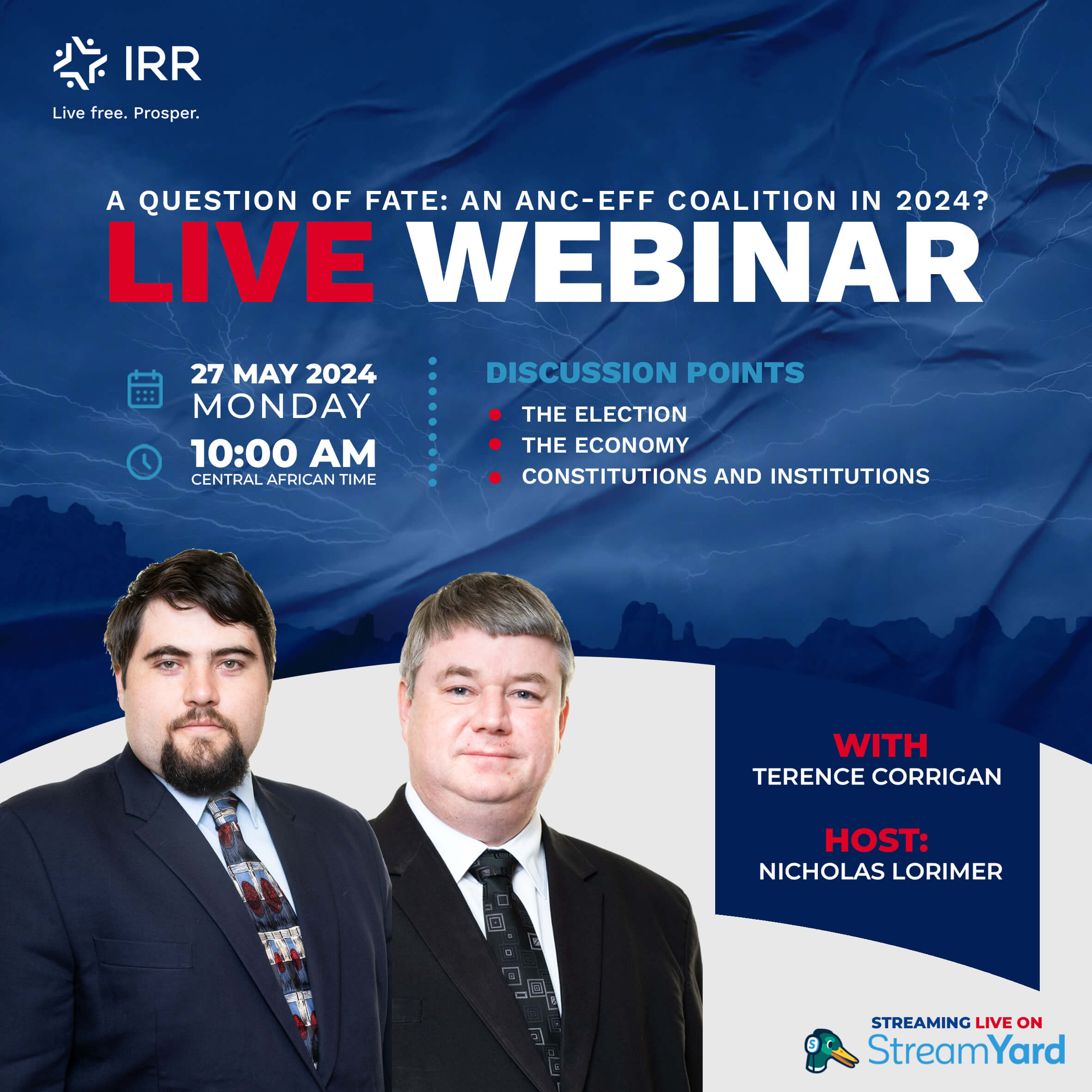 An invitation featuring the event details and portrait photographs of the speakers