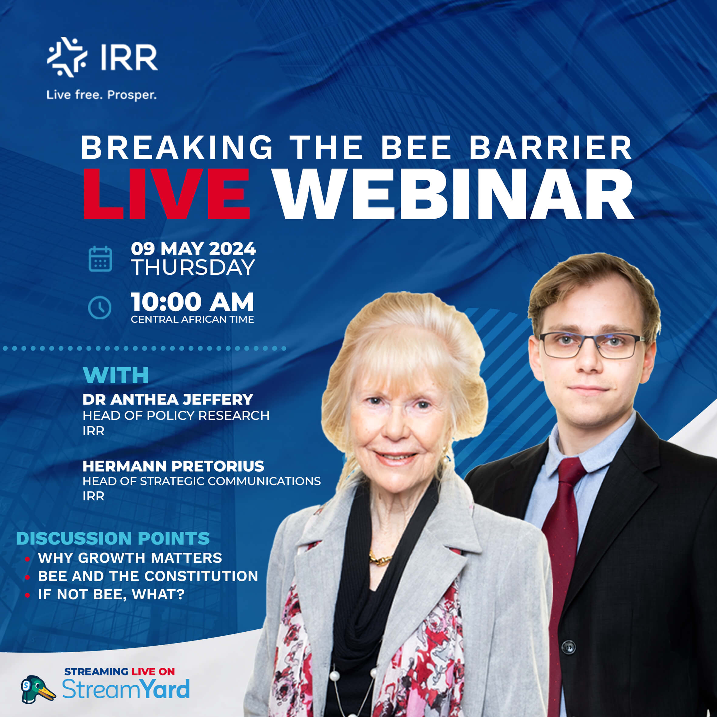 AAn invitation featuring the event details and portrait photographs of the two speakers.