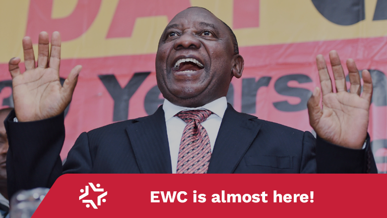 A photograph of President Cyril Ramaphosa raising both hands and looking upwards, 
															mouth wide open. At the bottom of the image, there is a caption reading: 
															“EWC is almost here!"