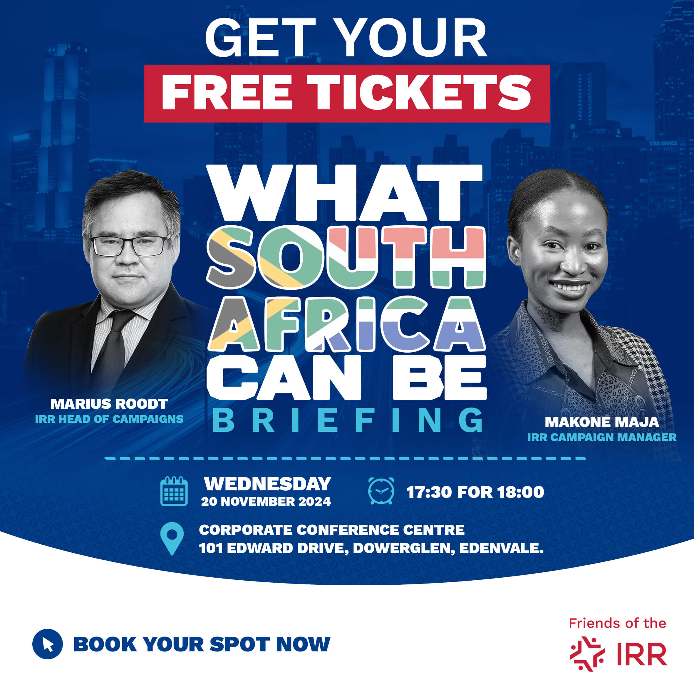 An invitation graphic featuring the event details and photographs of the speakers, Marius Roodt and Makone Maja.