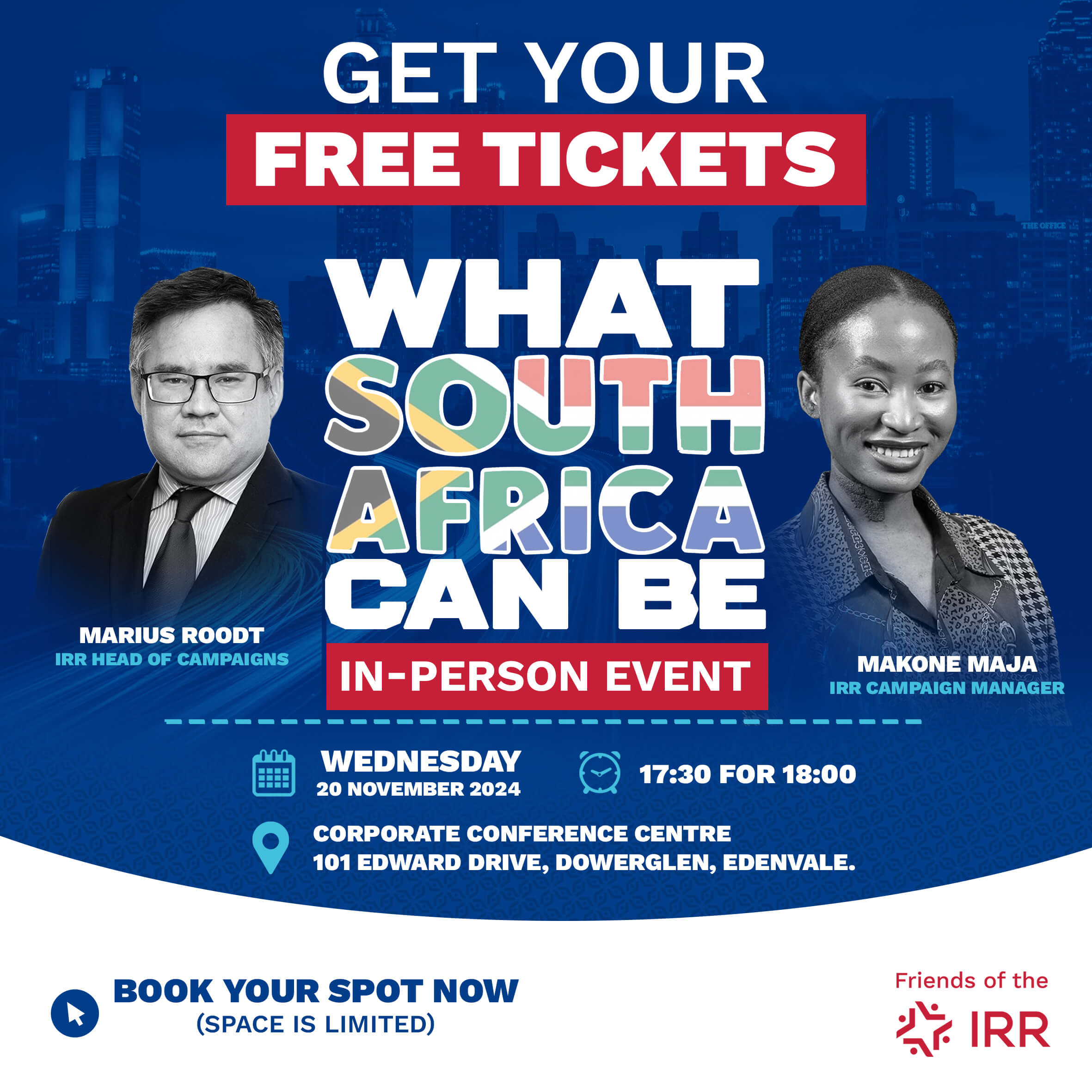 An invitation graphic featuring the event details and photographs of the speakers, Marius Roodt and Makone Maja.