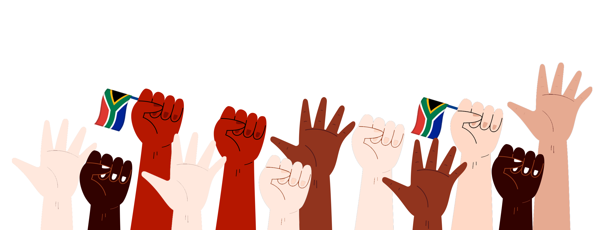 An illustration of several hands of different skin tones reaching upwards. Some are open and some have closed fists