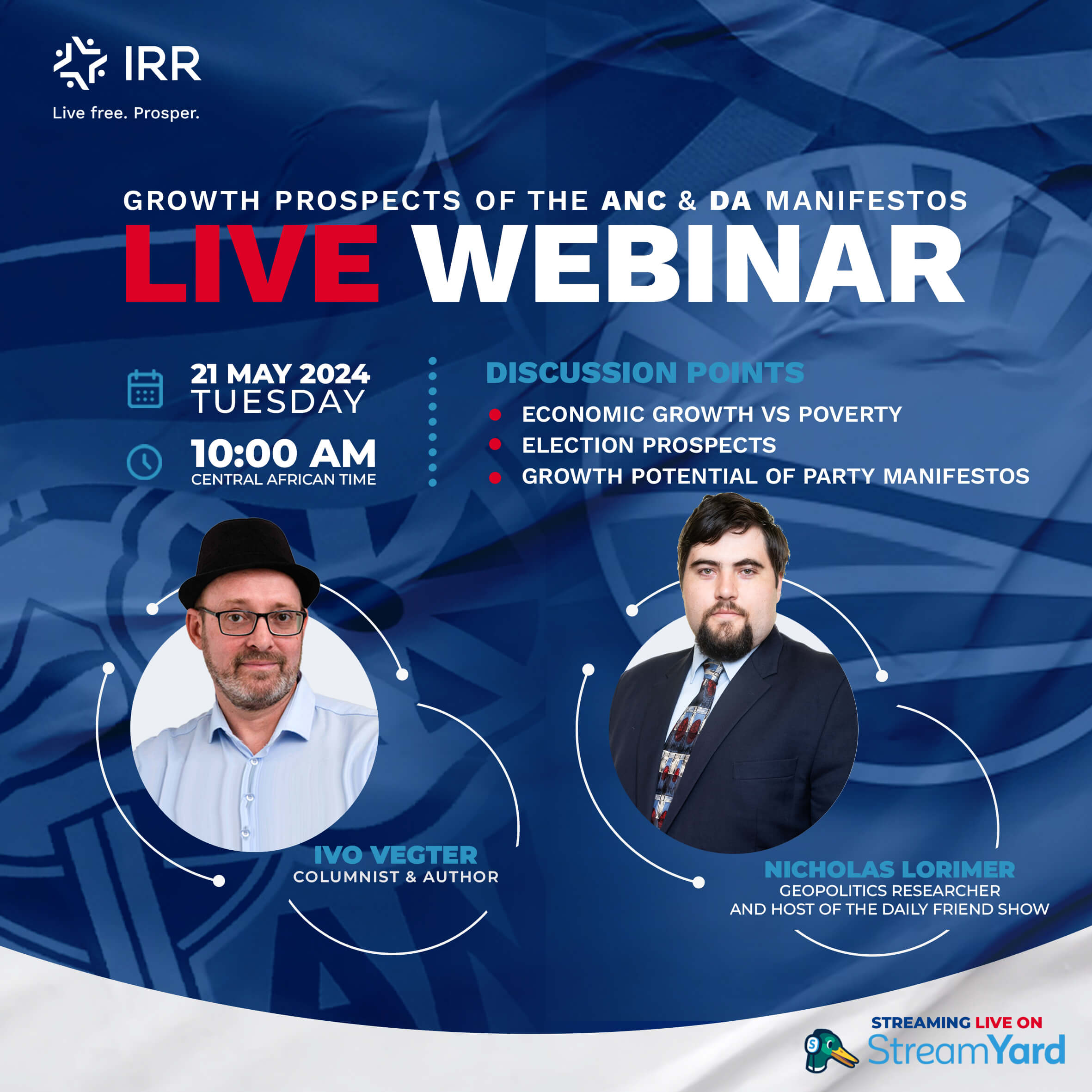 An invitation featuring the event details and portrait photographs of the speakers.